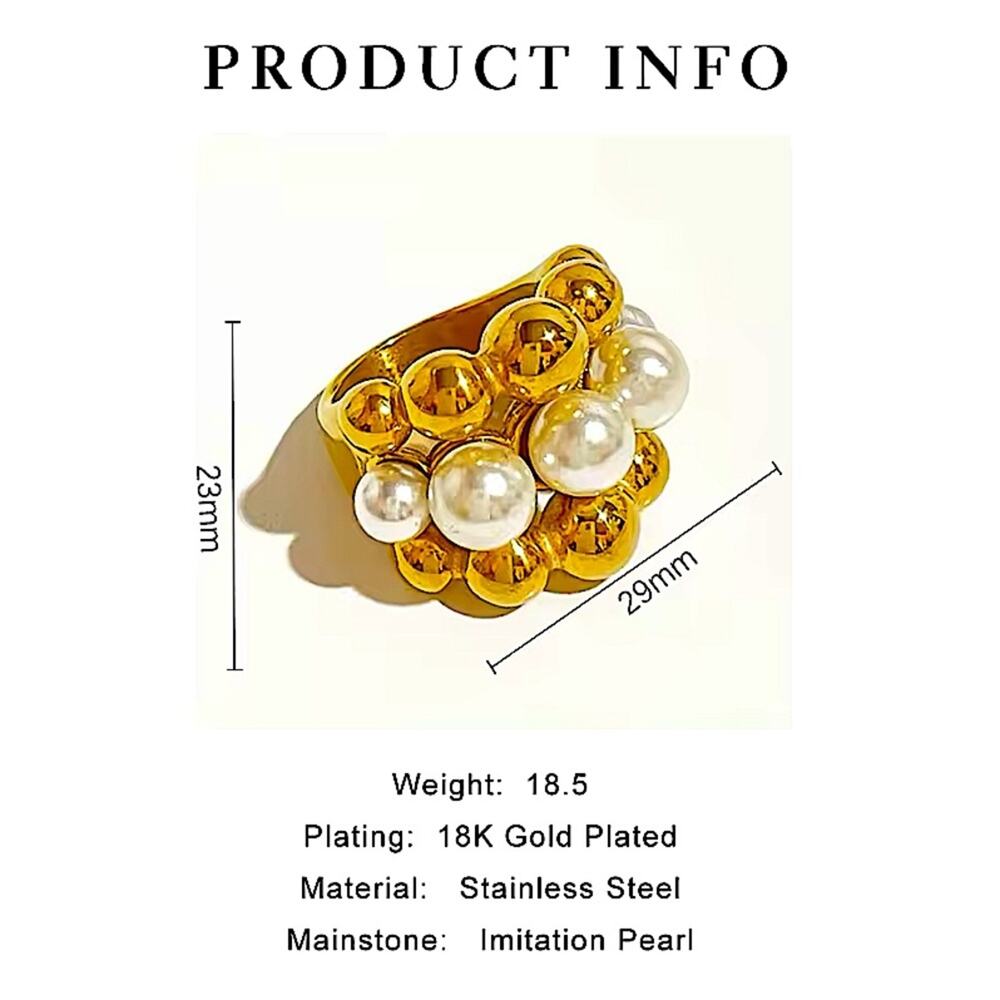Gold Pearl Large Ball Statement Ring Chunky Exaggerated Cocktail Ring - Picture 7 of 7